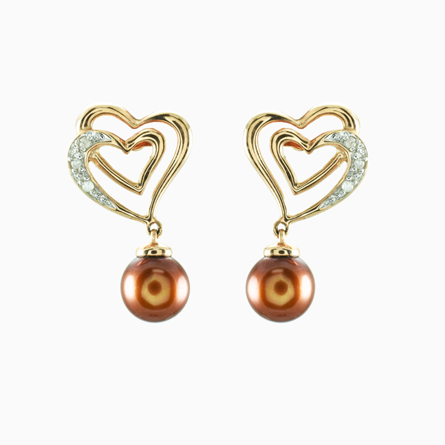 10K Rose Gold Chocolate Pearl and Diamond Dangle Earrings